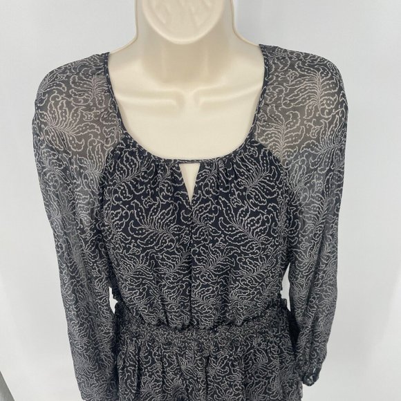 cinq a sept Black Mini Dress Sz 6 Tiered Print Silk Long Sleeve Smocked Babydoll - Picture 5 of 16